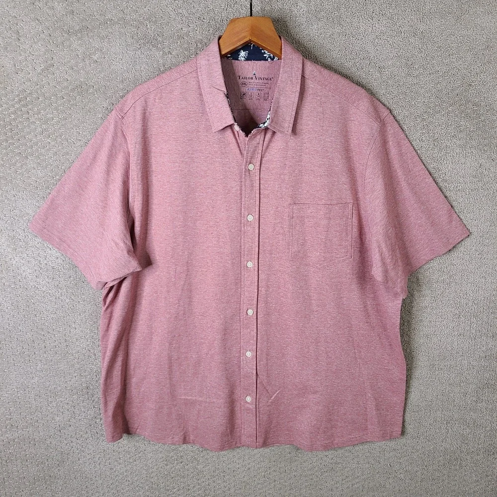 Tailor Vintage Shirt Mens XXL Pink Heathe Short Sleeve Button Up Airotec Stretch
